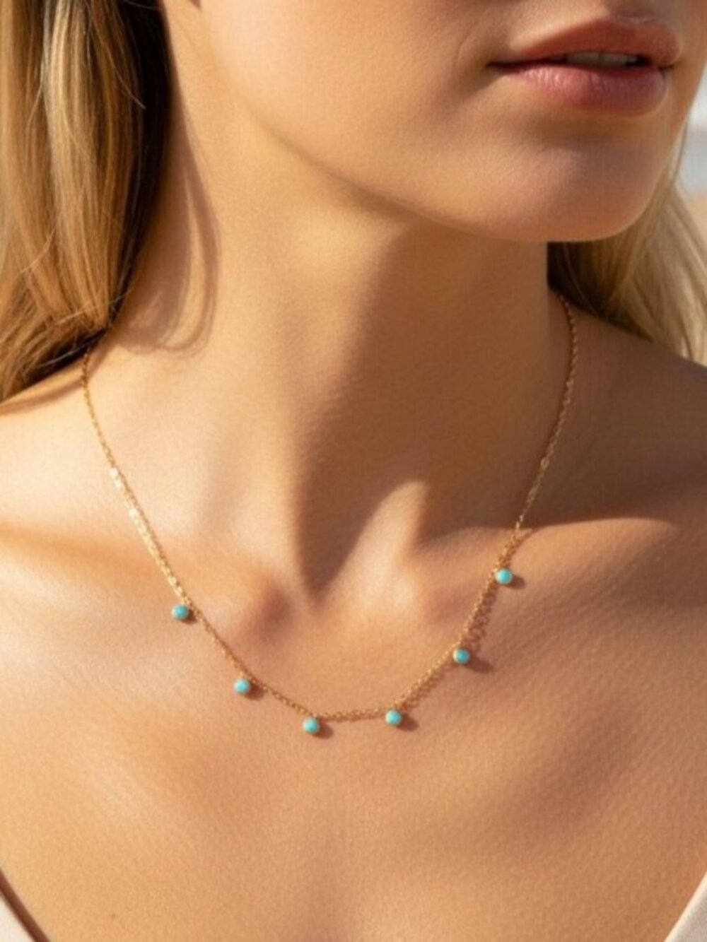 Turquoise Drops Necklace Gold Bezel Necklace WATERPROOF Gold Chain Station - Picture 4 of 9